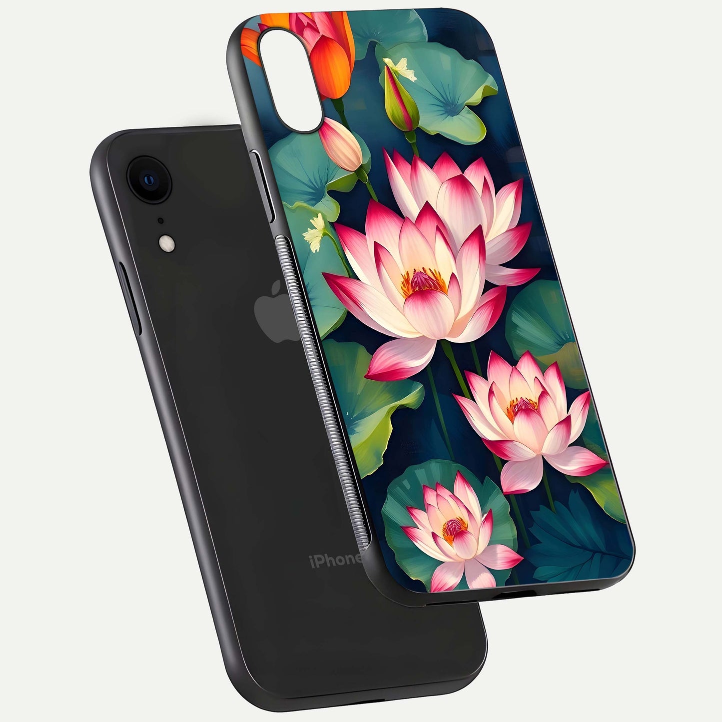 Lotus Dream Serenity Glass Case for iPhone Xr floating dual-view mockup highlighting HD gloss glow