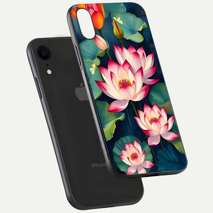 Lotus Dream Serenity Glass Case for iPhone Xr floating dual-view mockup highlighting HD gloss glow