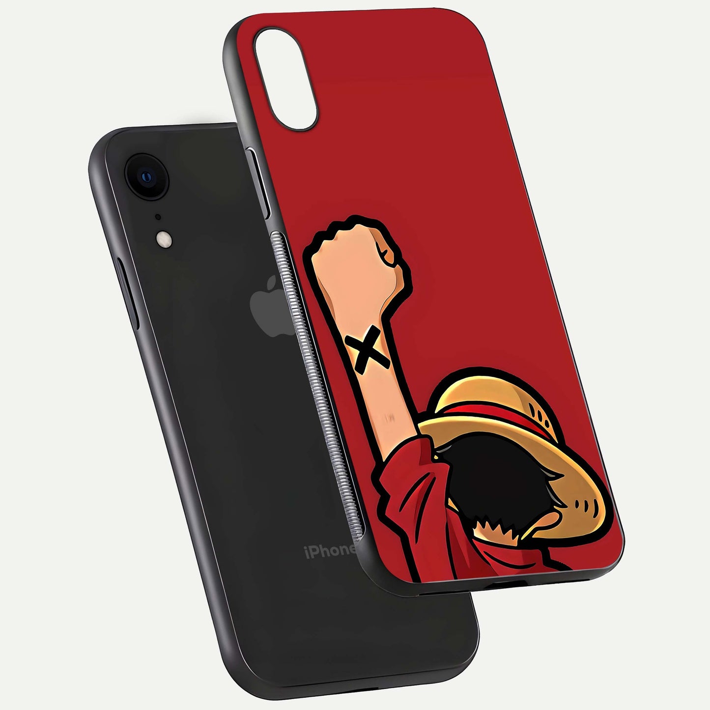 Luffy X Spirit Glass Case for iPhone Xr floating dual-view mockup showing gloss polish and vibrant color depth