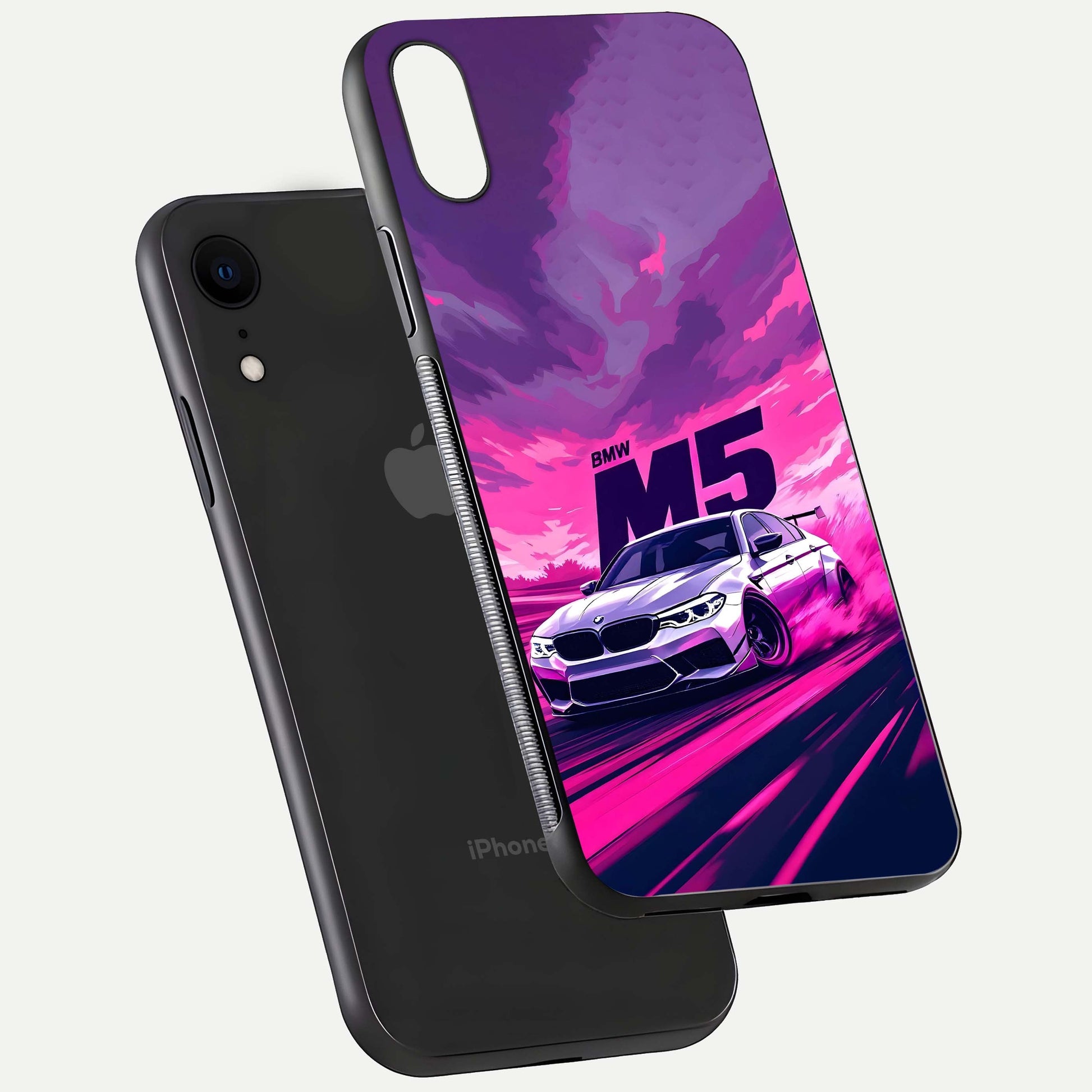 MS Neon Car Glass Case for iPhone Xr floating dual-view mockup showing HD gloss and electric color tones