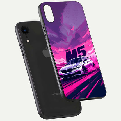 MS Neon Car Glass Case for iPhone Xr floating dual-view mockup showing HD gloss and electric color tones