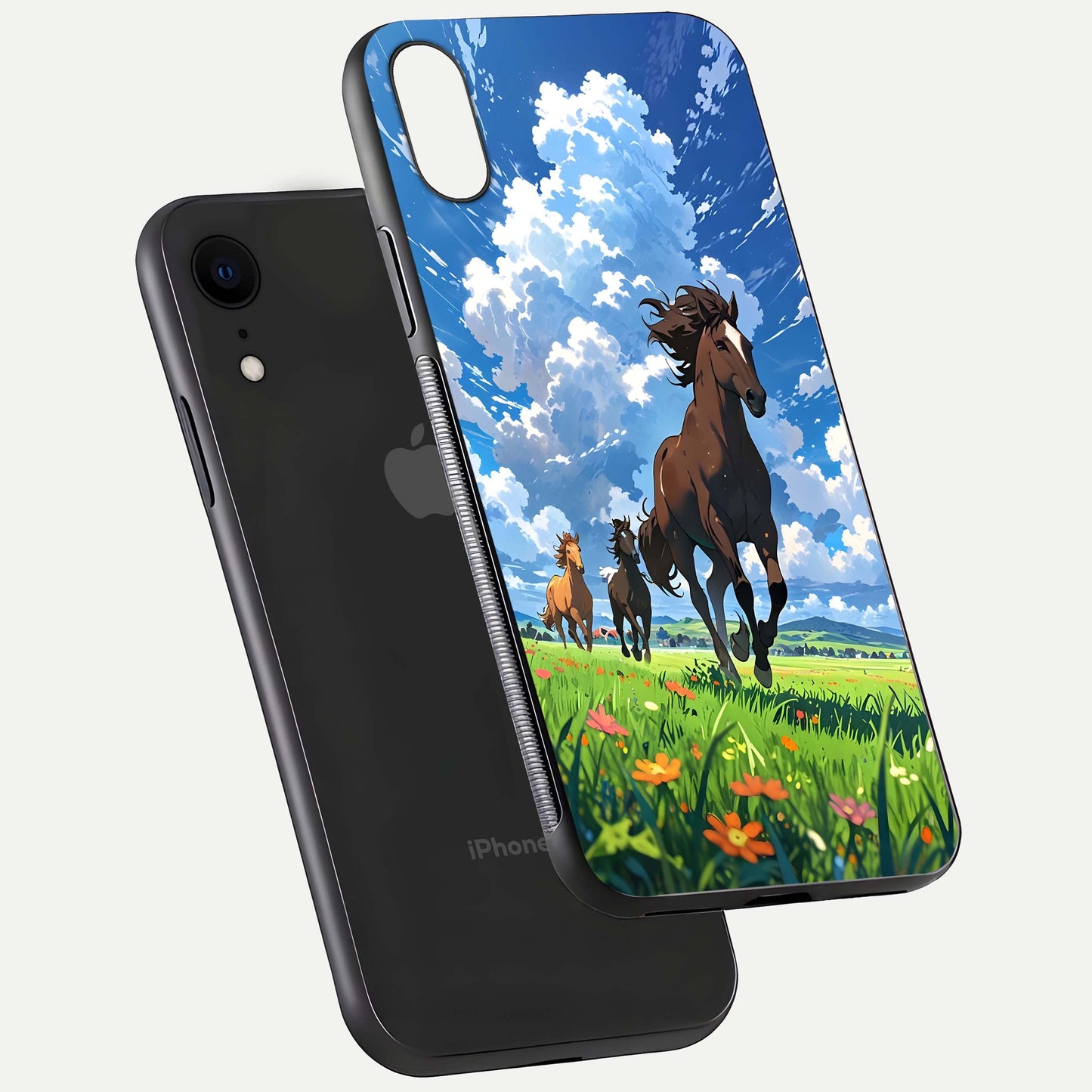 Majestic Horses Galloping Glass Case for iPhone Xr floating dual-view mockup showing gloss texture and vivid tones
