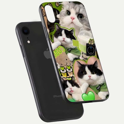 Matcha Cats Mood Glass Case for iPhone Xr floating dual-view mockup showing HD gloss surface and soft tones