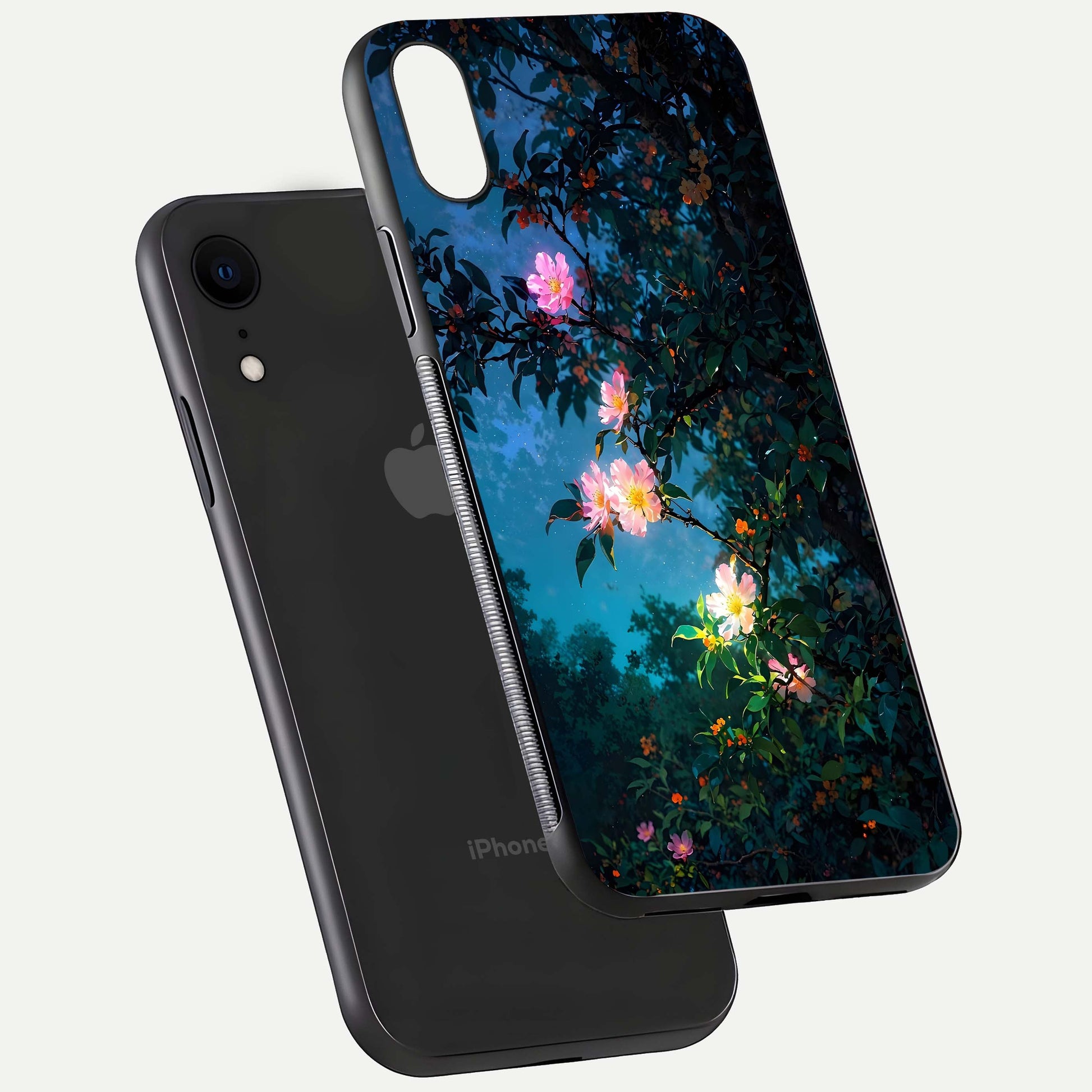 Midnight Bloom Glow Glass Case for iPhone Xr floating dual-view mockup showing HD gloss and floral contrast