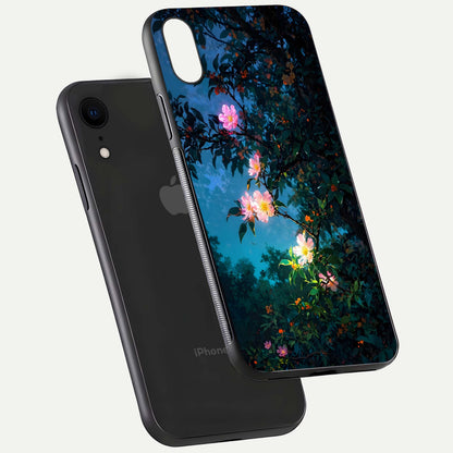 Midnight Bloom Glow Glass Case for iPhone Xr floating dual-view mockup showing HD gloss and floral contrast