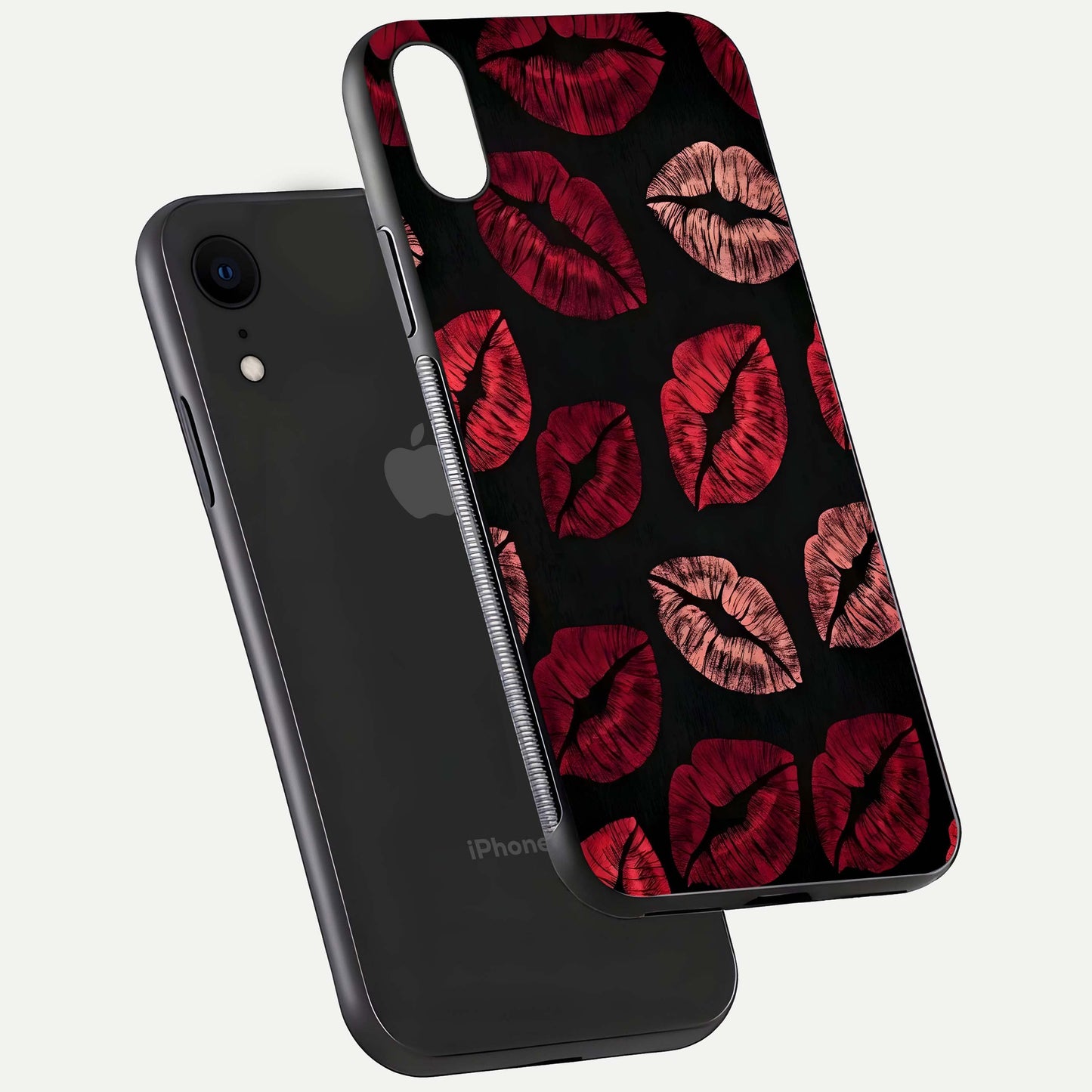 Midnight Kiss Love Glass Case for iPhone Xr floating dual-view mockup showing HD gloss and elegant edge design