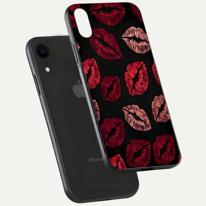 Midnight Kiss Love Glass Case for iPhone Xr floating dual-view mockup showing HD gloss and elegant edge design