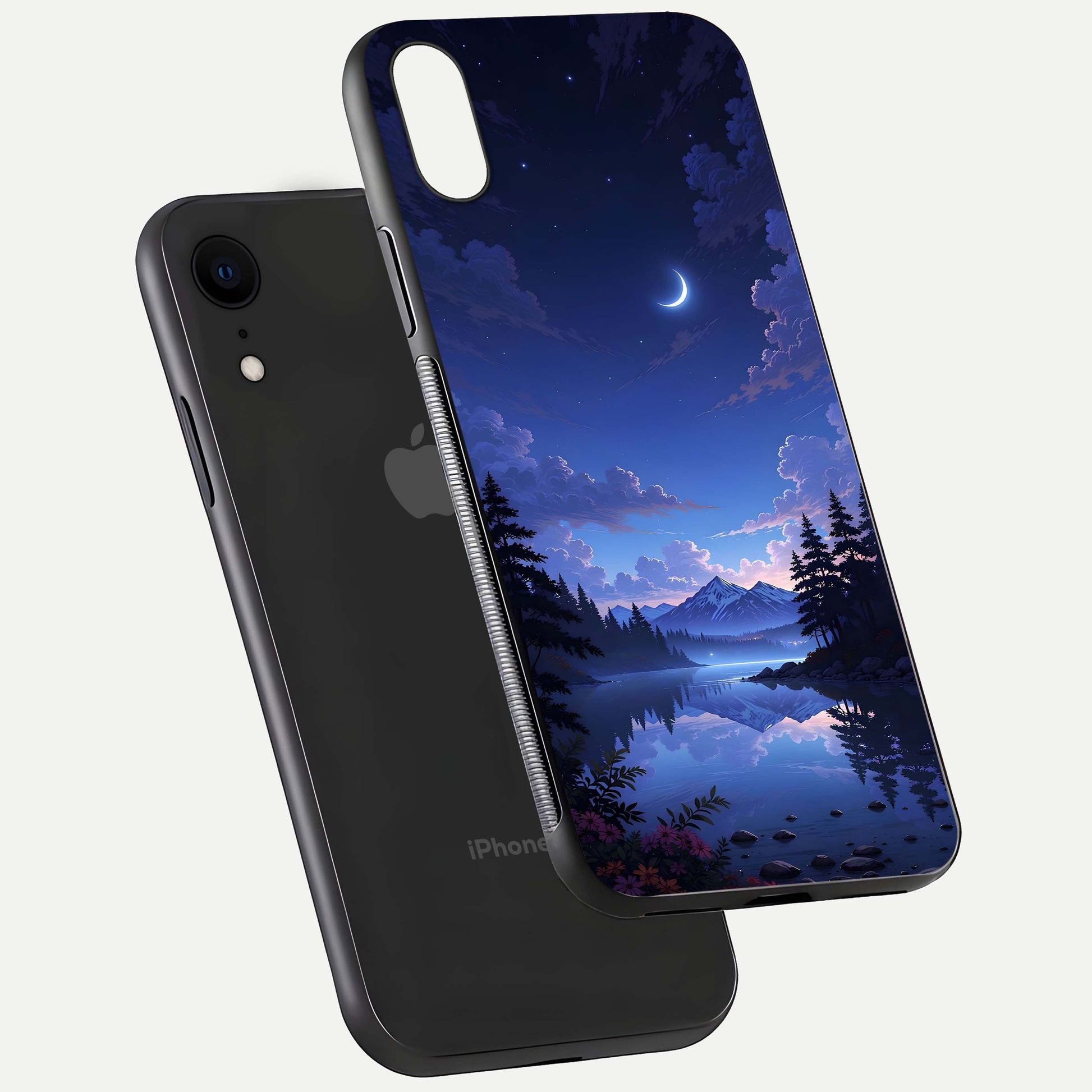 Midnight Lake Peace Glass Case for iPhone Xr floating dual-view mockup showing gloss finish and peaceful art