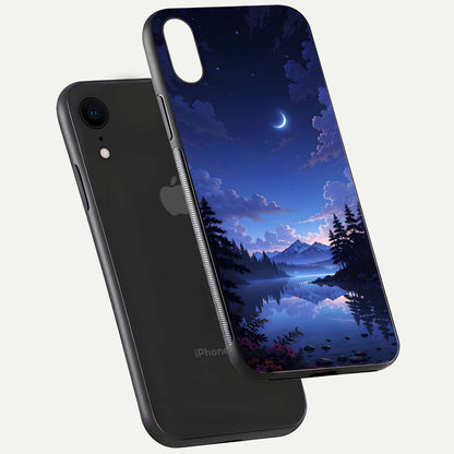 Midnight Lake Peace Glass Case for iPhone Xr floating dual-view mockup showing gloss finish and peaceful art
