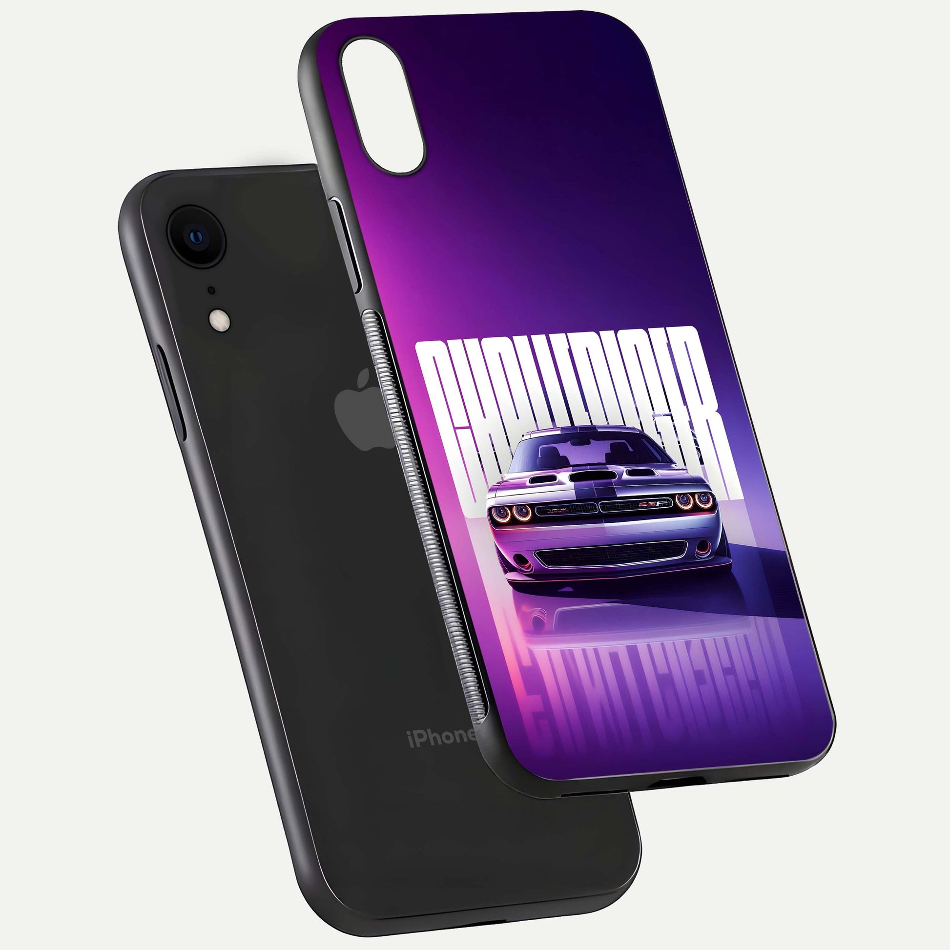 Midnight Muscle Ride Glass Case for iPhone Xr floating dual-view mockup showing glossy finish and shine depth