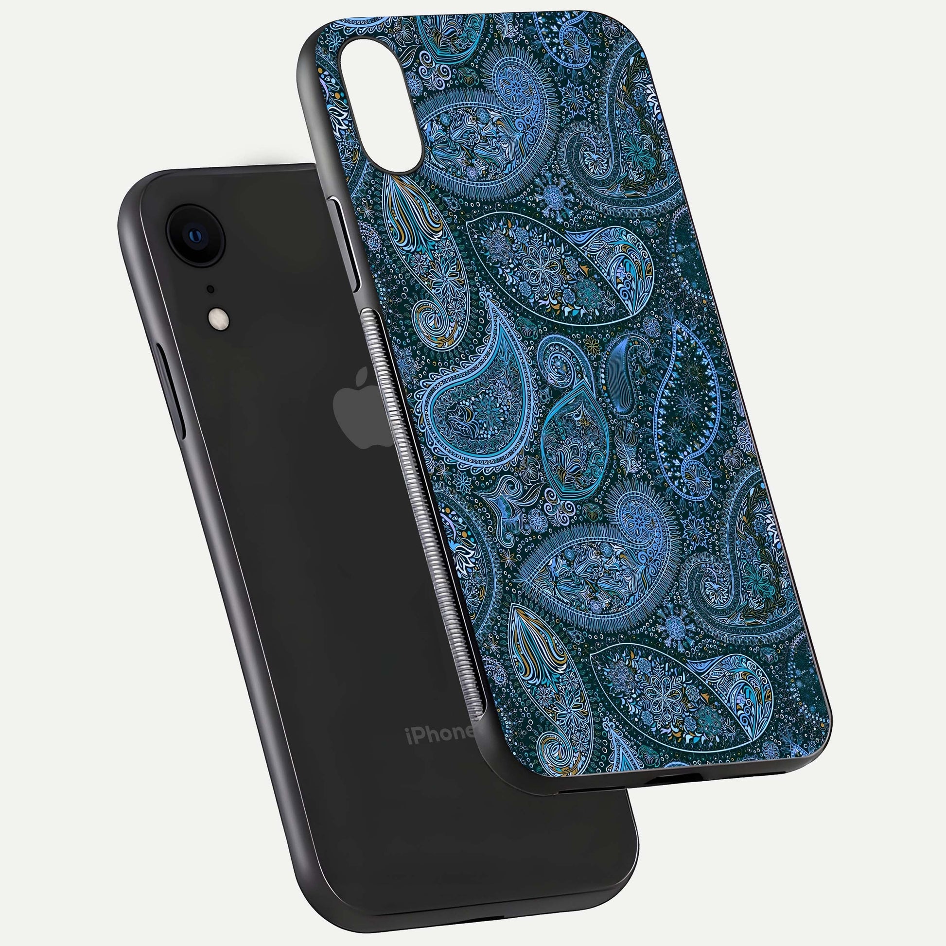 Midnight Paisley Glow Glass Case for iPhone Xr floating dual-view mockup showing HD gloss and rich pattern