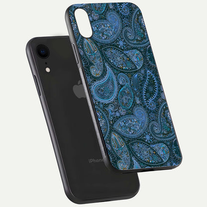 Midnight Paisley Glow Glass Case for iPhone Xr floating dual-view mockup showing HD gloss and rich pattern