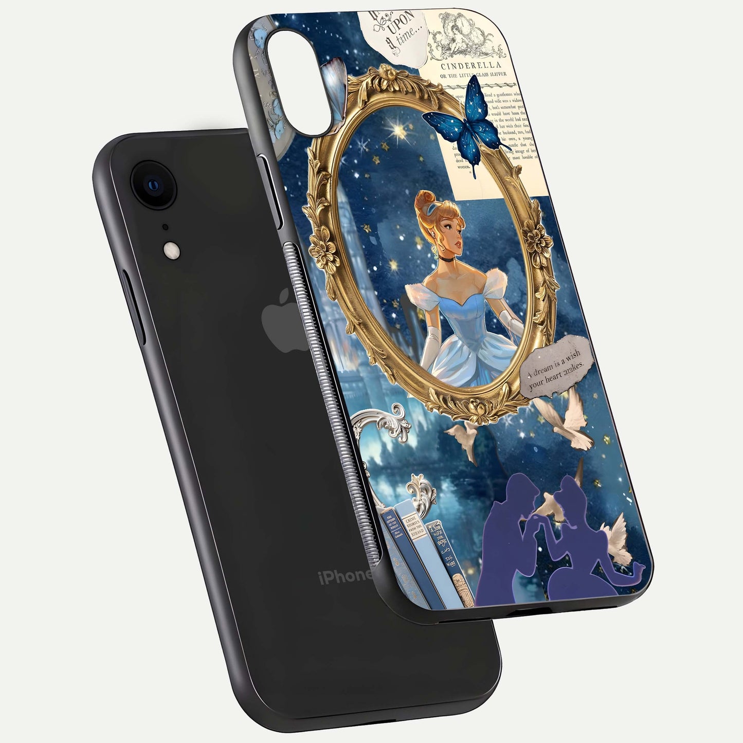 Midnight Queen Glass Case for iPhone Xr floating dual-view mockup showing HD glass shine and luxury art