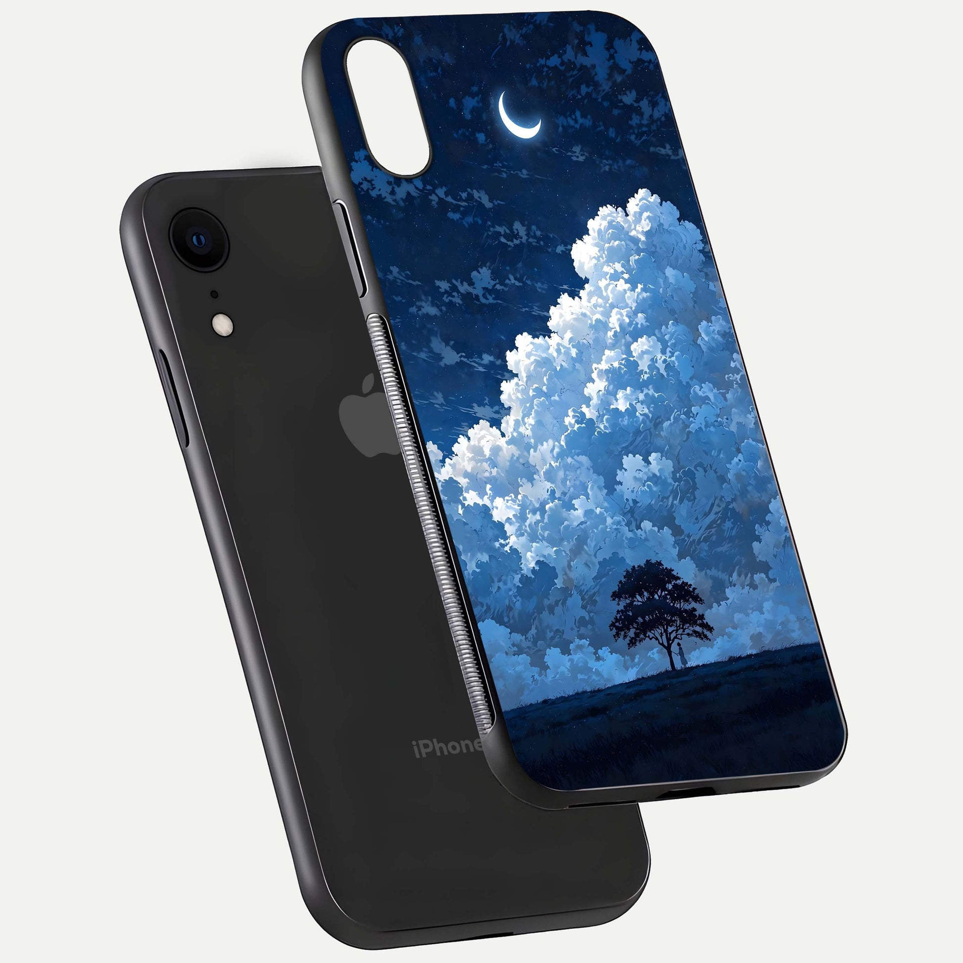 Midnight Sky Serenity Glass Case for iPhone Xr floating dual-view mockup showing HD gloss and night shine
