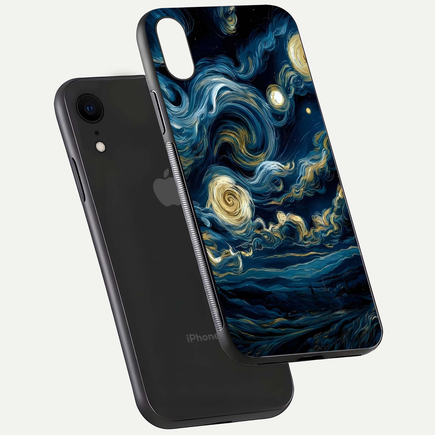 Midnight Sky Whirl Glass Case for iPhone Xr floating dual-view mockup showing gloss texture and shine