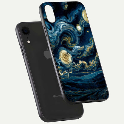 Midnight Sky Whirl Glass Case for iPhone Xr floating dual-view mockup showing gloss texture and shine