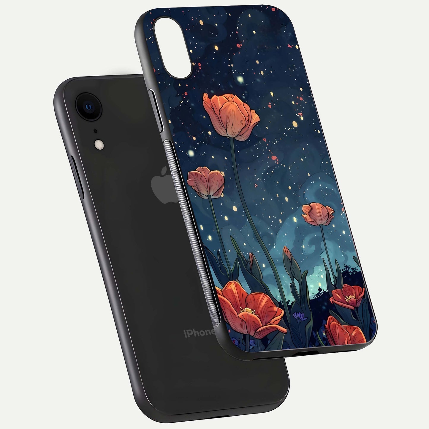 Midnight Tulip Glow Glass Case for iPhone Xr floating dual-view mockup showing HD gloss and tulip tone