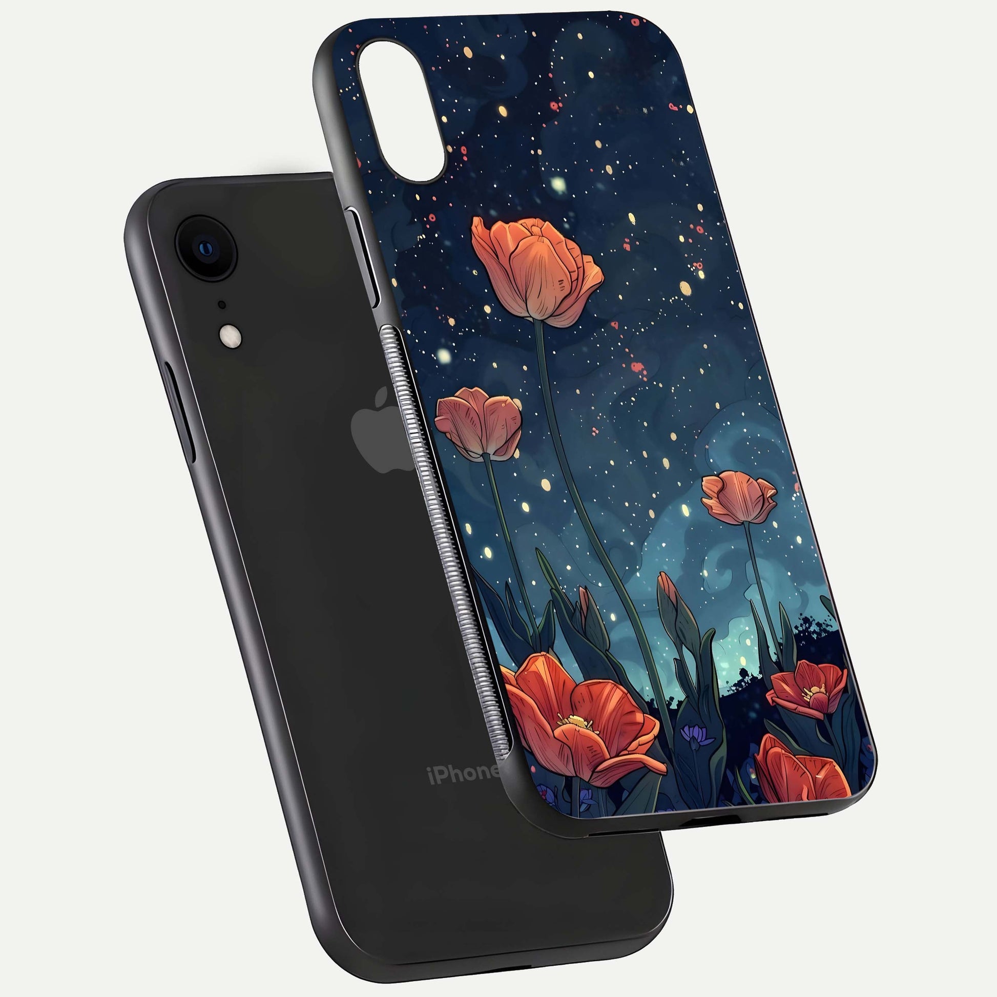 Midnight Tulip Glow Glass Case for iPhone Xr floating dual-view mockup showing HD gloss and tulip tone