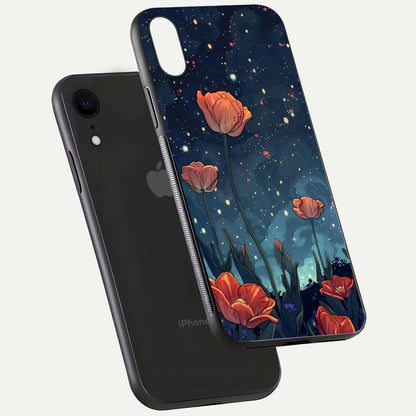 Midnight Tulip Glow Glass Case for iPhone Xr floating dual-view mockup showing HD gloss and tulip tone