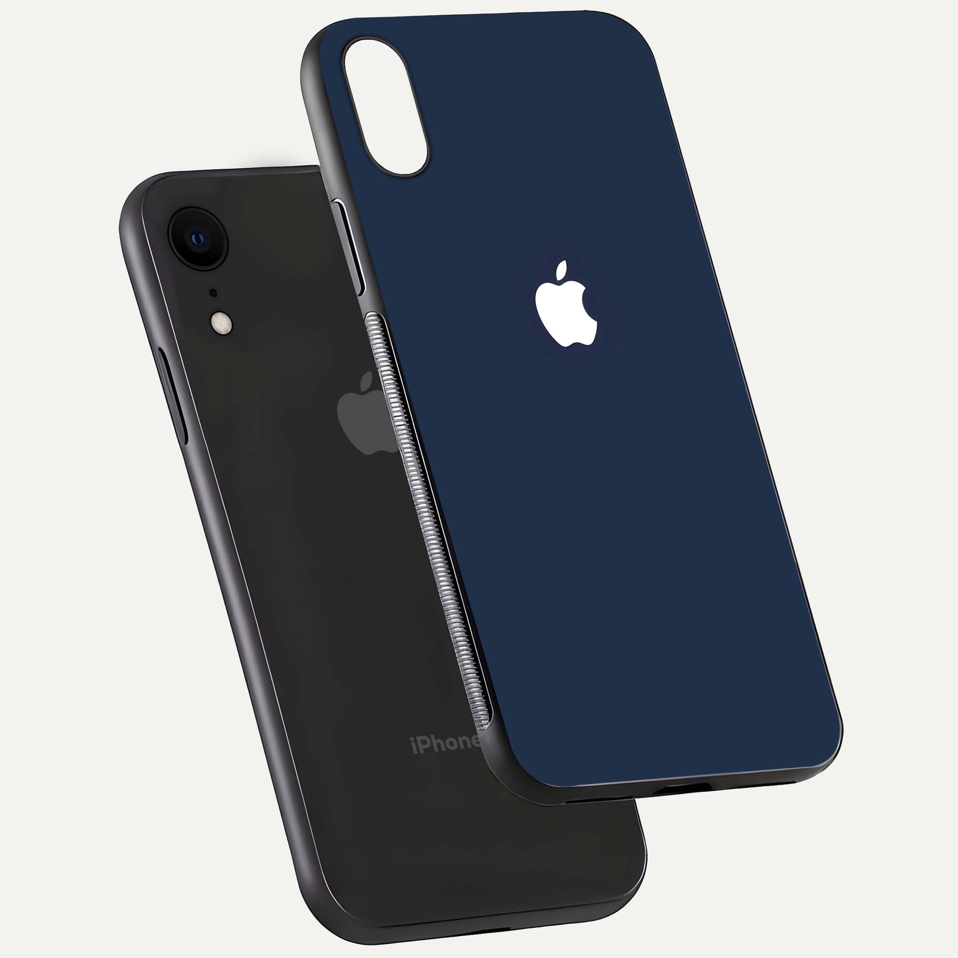 Minimal Apple Night Glass Case for iPhone Xr floating dual-view mockup showing HD shine and minimal style
