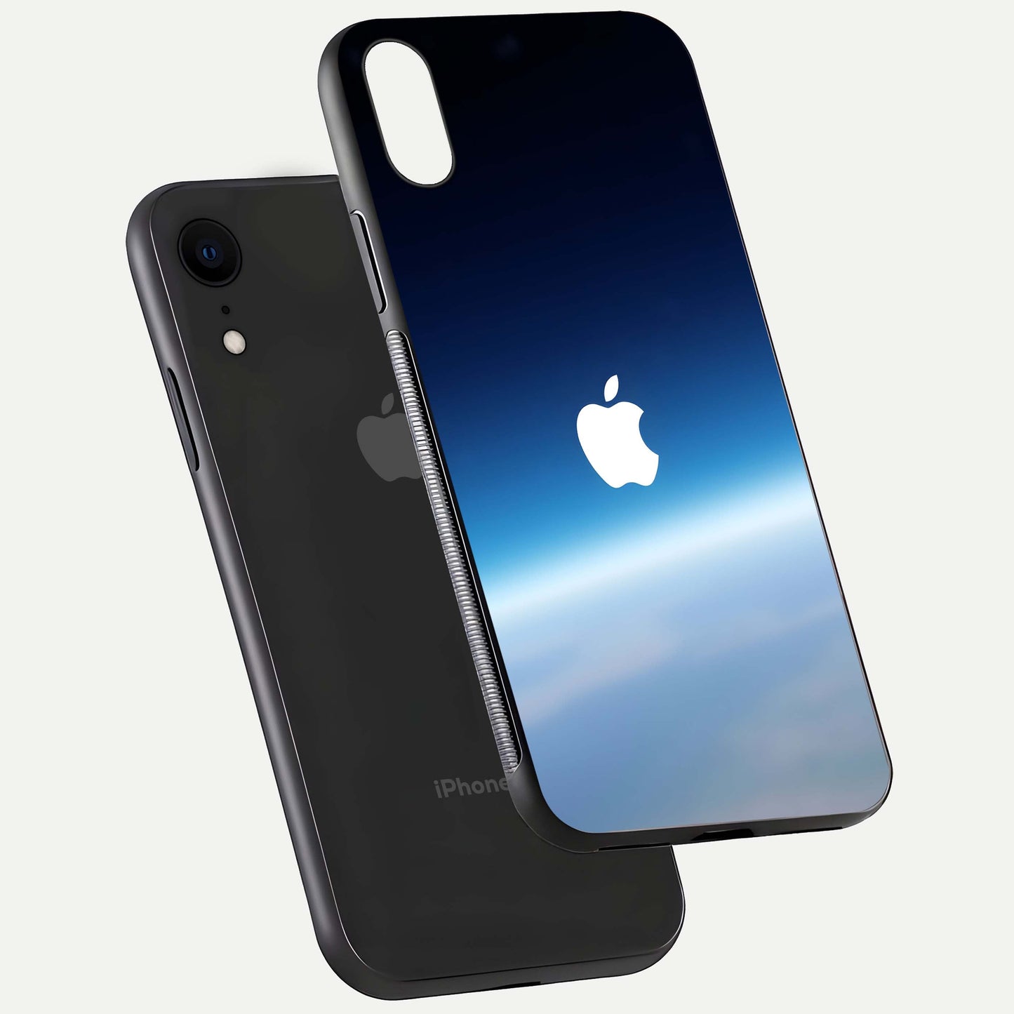 Minimal Apple Sky Glass Case for iPhone Xr floating dual-view mockup showing HD gloss and Apple design
