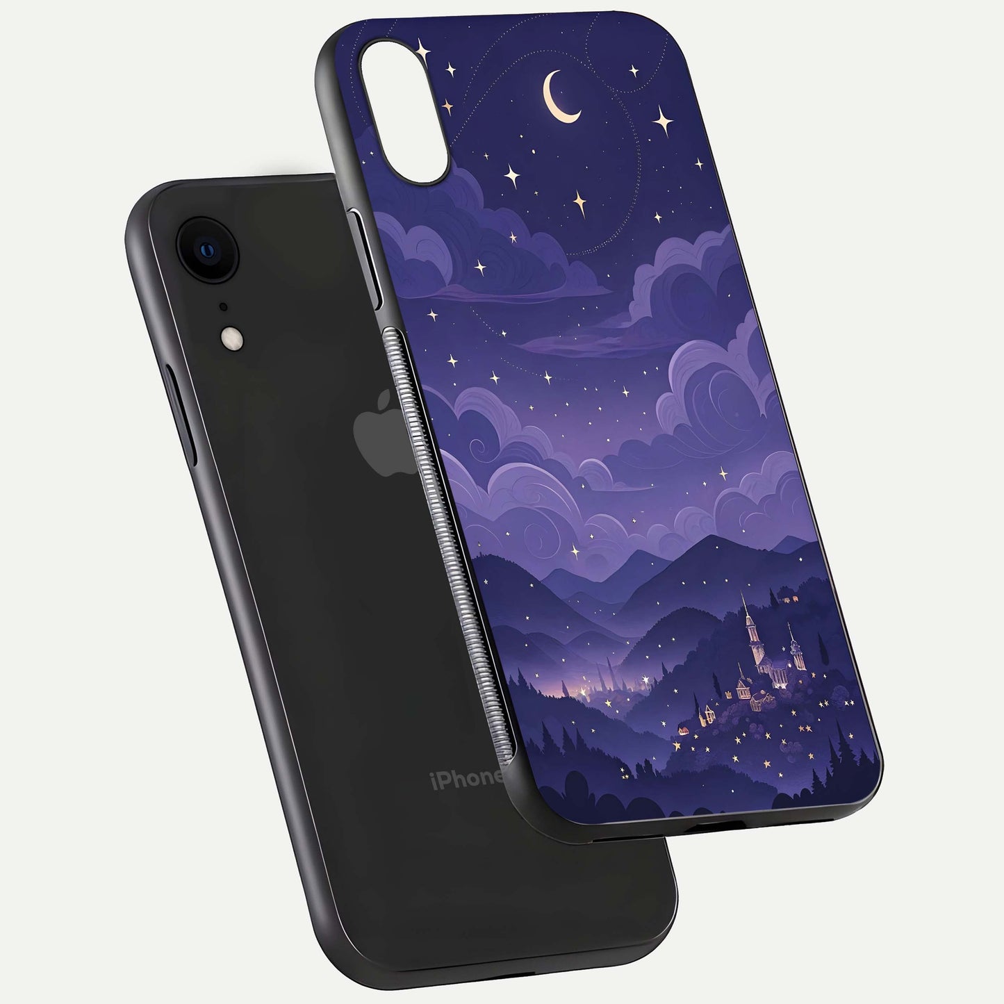 Minimal Night View Glass Case for iPhone Xr floating dual-view mockup showing HD gloss and clean lines