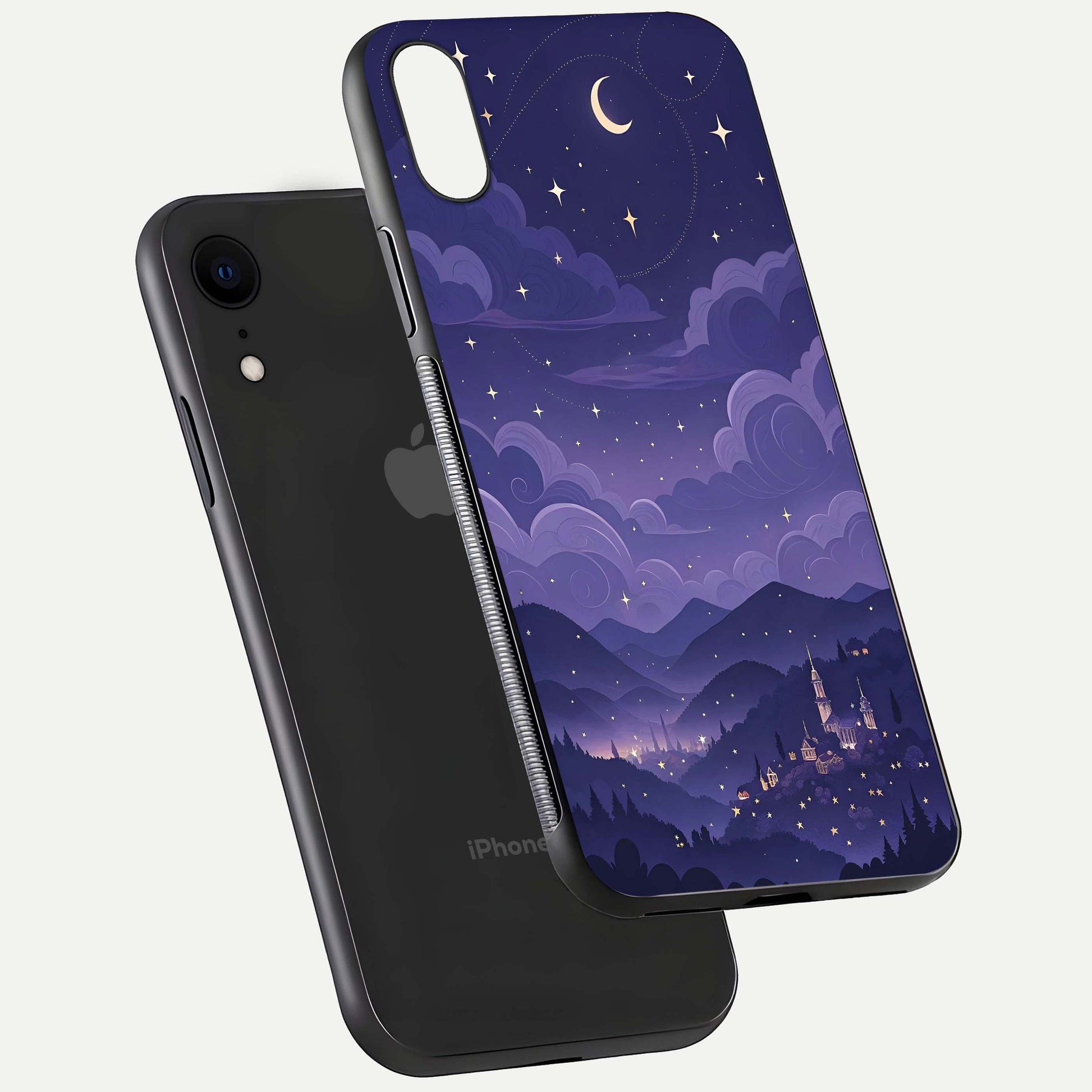 Minimal Night View Glass Case for iPhone Xr floating dual-view mockup showing HD gloss and clean lines