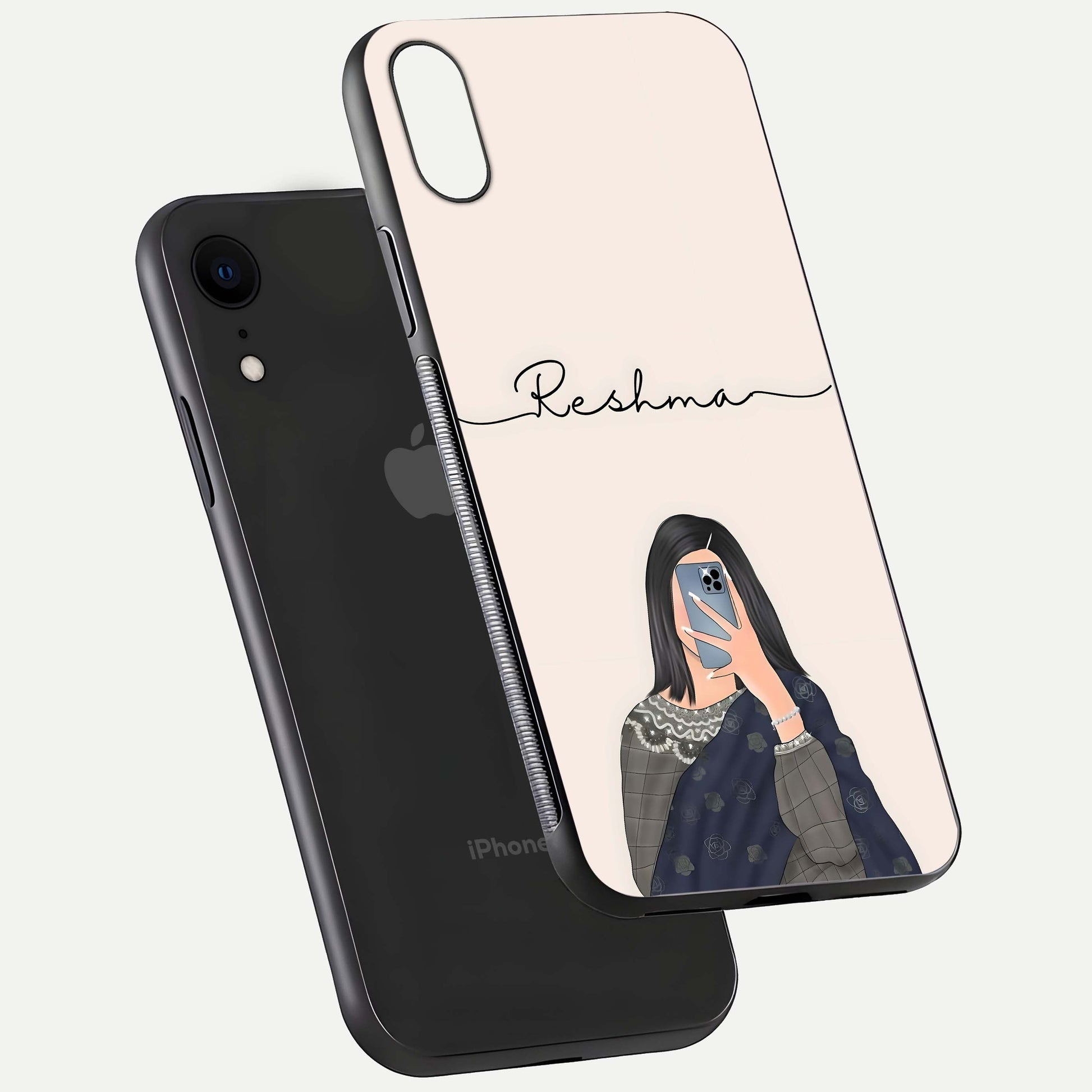 Mirror Mood Muse Custom Name Glass Case for iPhone Xr floating dual-view mockup showing reflection and luxury style