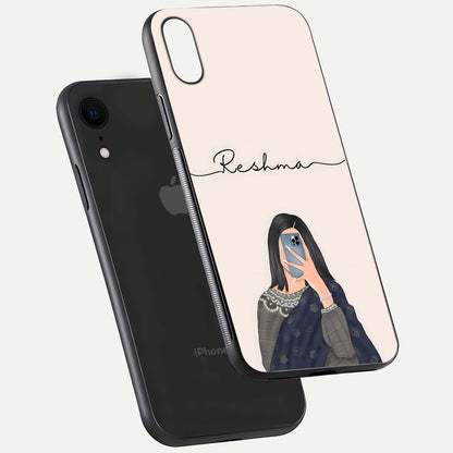 Mirror Mood Muse Custom Name Glass Case for iPhone Xr floating dual-view mockup showing reflection and luxury style