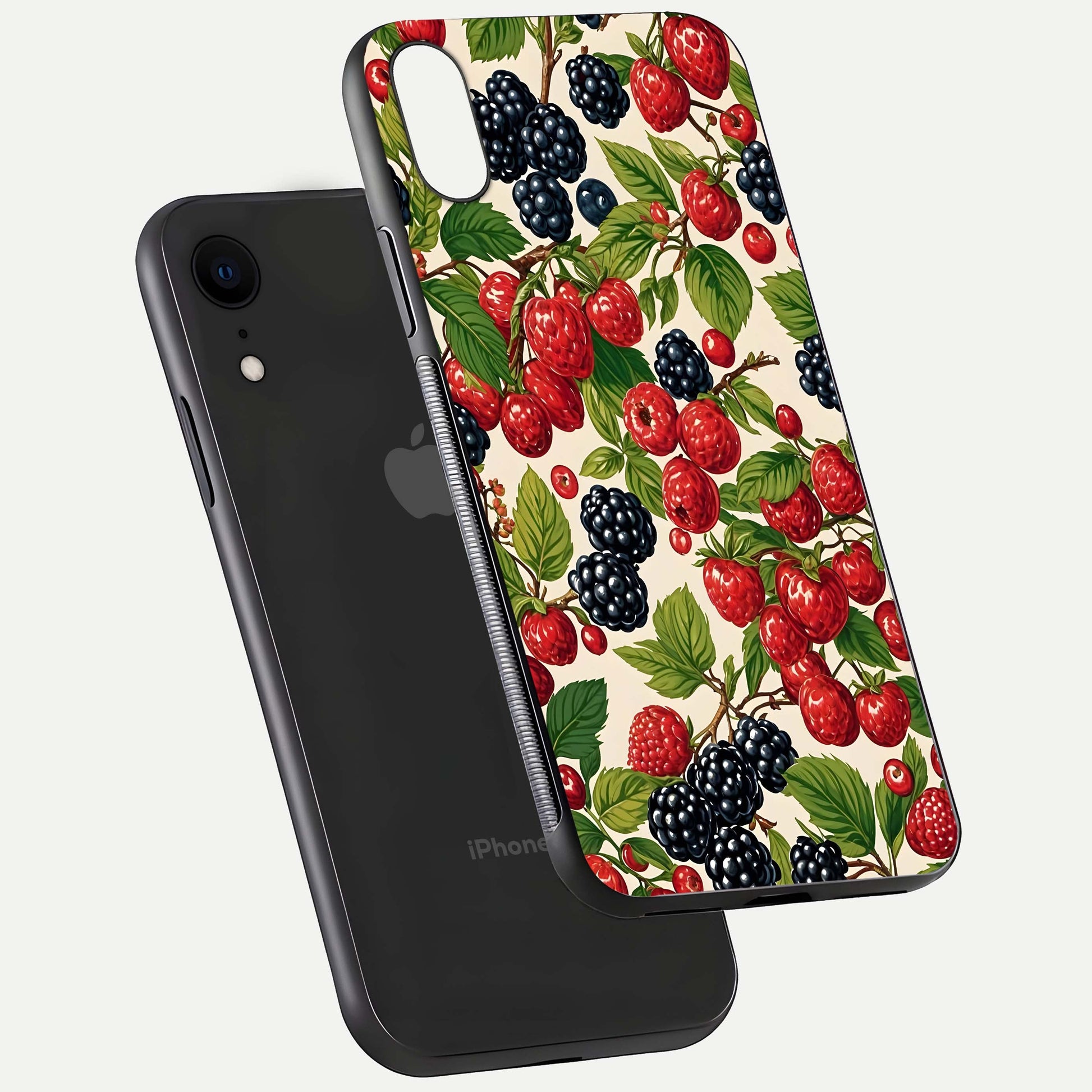 Mixed Berry Collage Glass Case for iPhone Xr floating dual-view mockup showing gloss depth and vibrant design