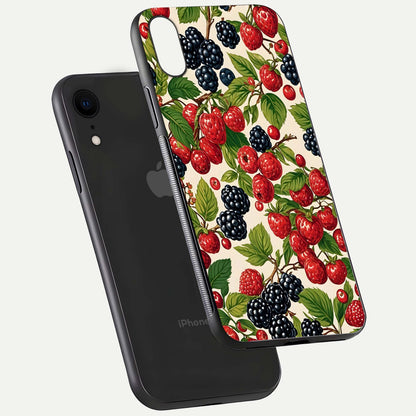 Mixed Berry Collage Glass Case for iPhone Xr floating dual-view mockup showing gloss depth and vibrant design