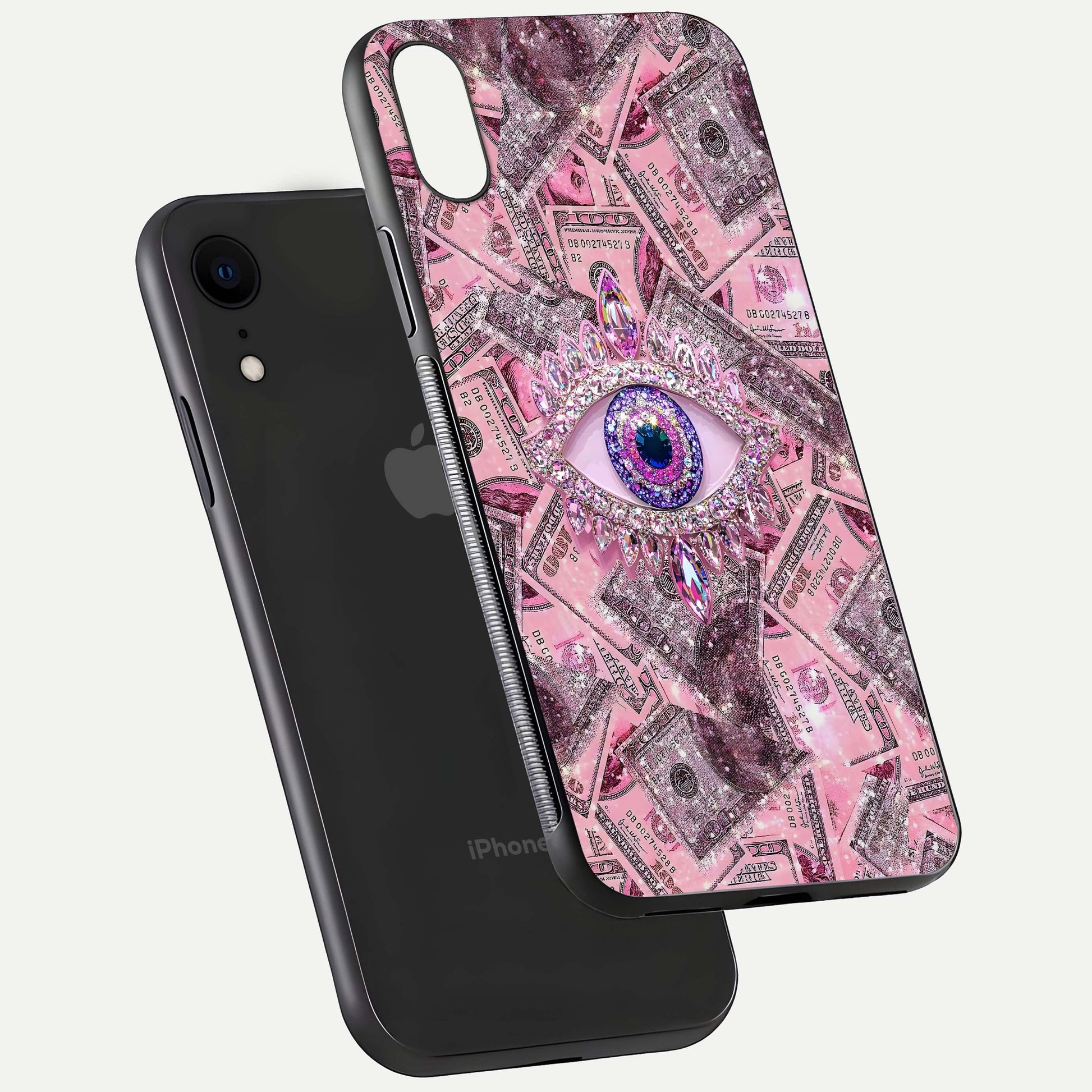 Money Eye Luxe Glass Case for iPhone Xr floating dual-view mockup showing gloss surface and premium look