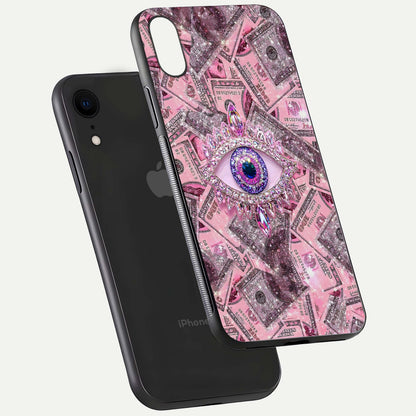 Money Eye Luxe Glass Case for iPhone Xr floating dual-view mockup showing gloss surface and premium look