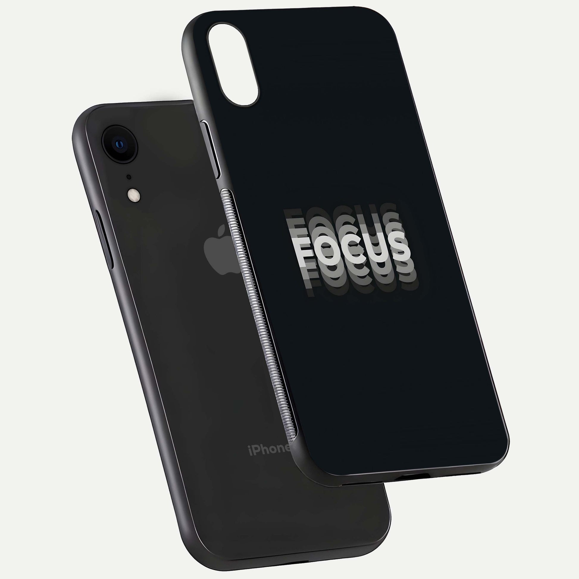 Mono Focus Vision Glass Case for iPhone Xr floating dual-view mockup showing HD gloss and elegant simplicity