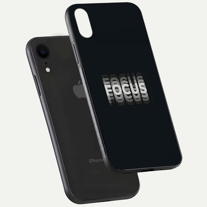 Mono Focus Vision Glass Case for iPhone Xr floating dual-view mockup showing HD gloss and elegant simplicity