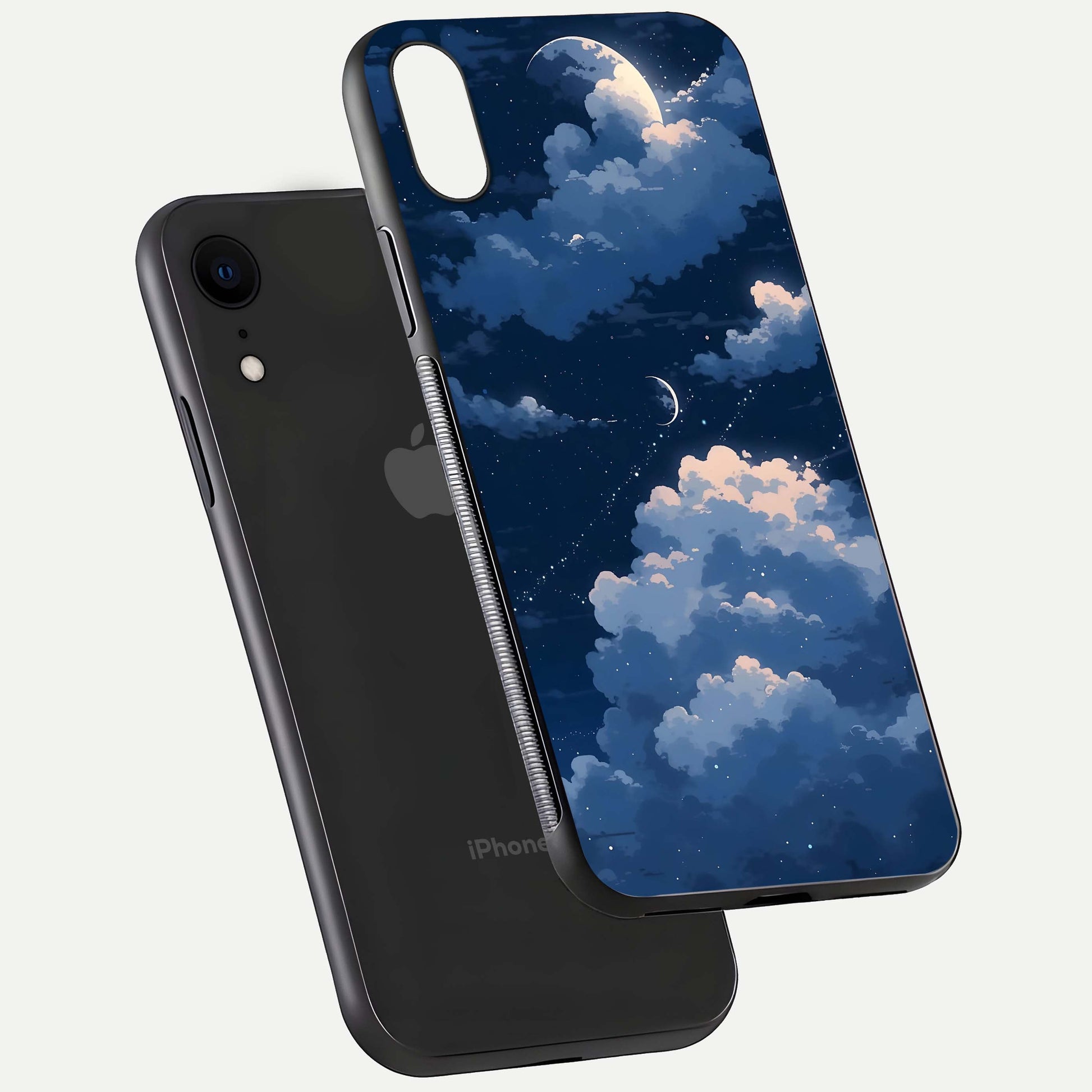Moon Dream Haze Glass Case for iPhone Xr floating dual-view mockup showing gloss texture and calm tones