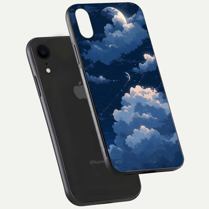 Moon Dream Haze Glass Case for iPhone Xr floating dual-view mockup showing gloss texture and calm tones