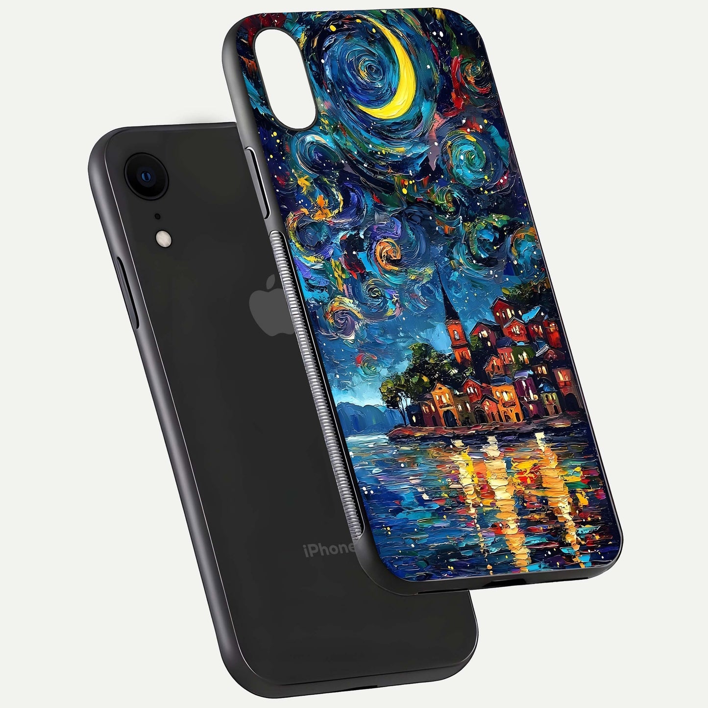Moonlight Harbor Glow Glass Case for iPhone Xr floating dual-view mockup showing gloss brightness and glow