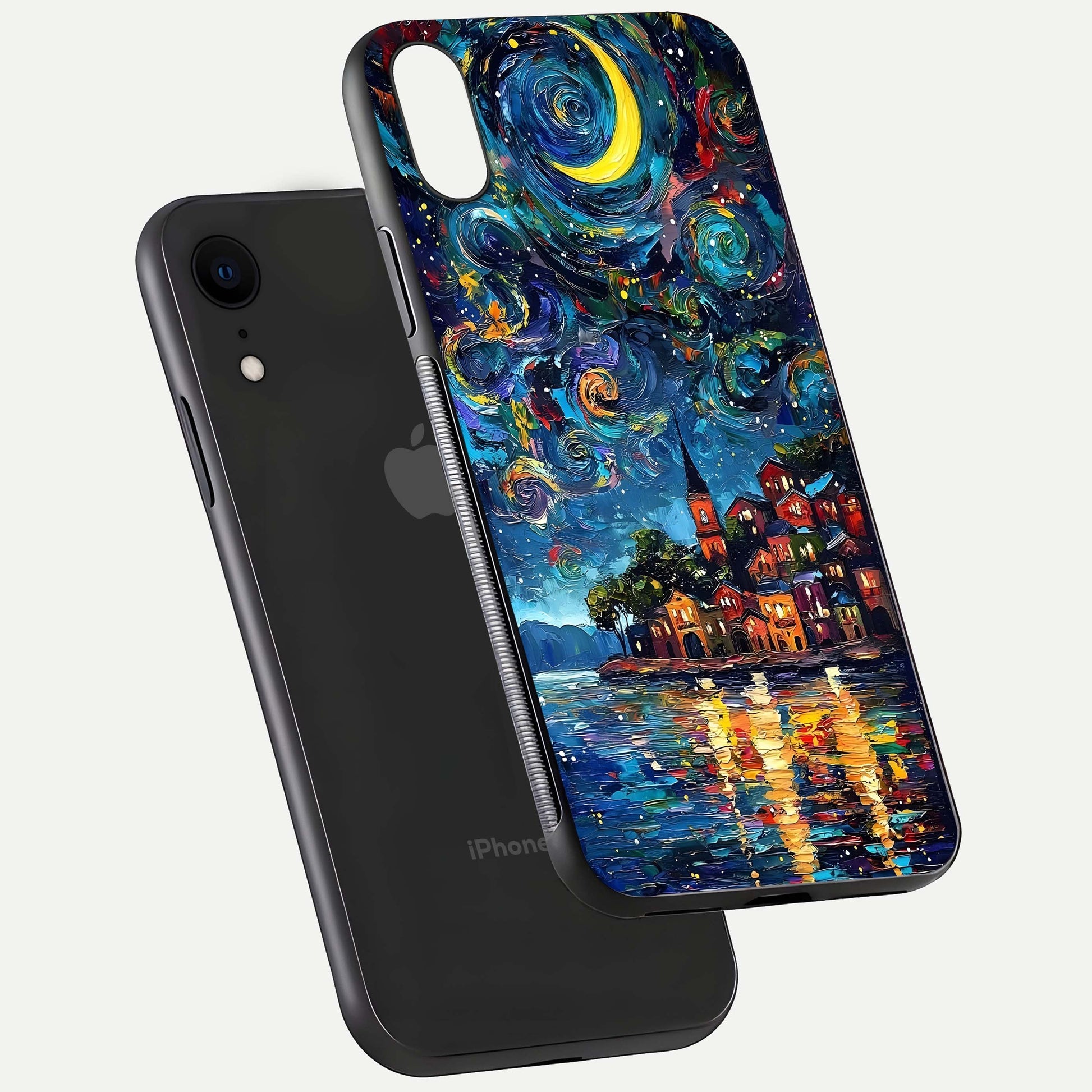 Moonlight Harbor Glow Glass Case for iPhone Xr floating dual-view mockup showing gloss brightness and glow