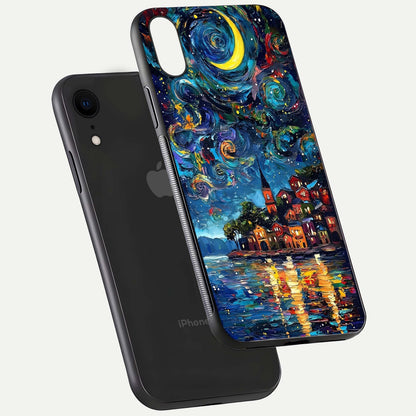 Moonlight Harbor Glow Glass Case for iPhone Xr floating dual-view mockup showing gloss brightness and glow