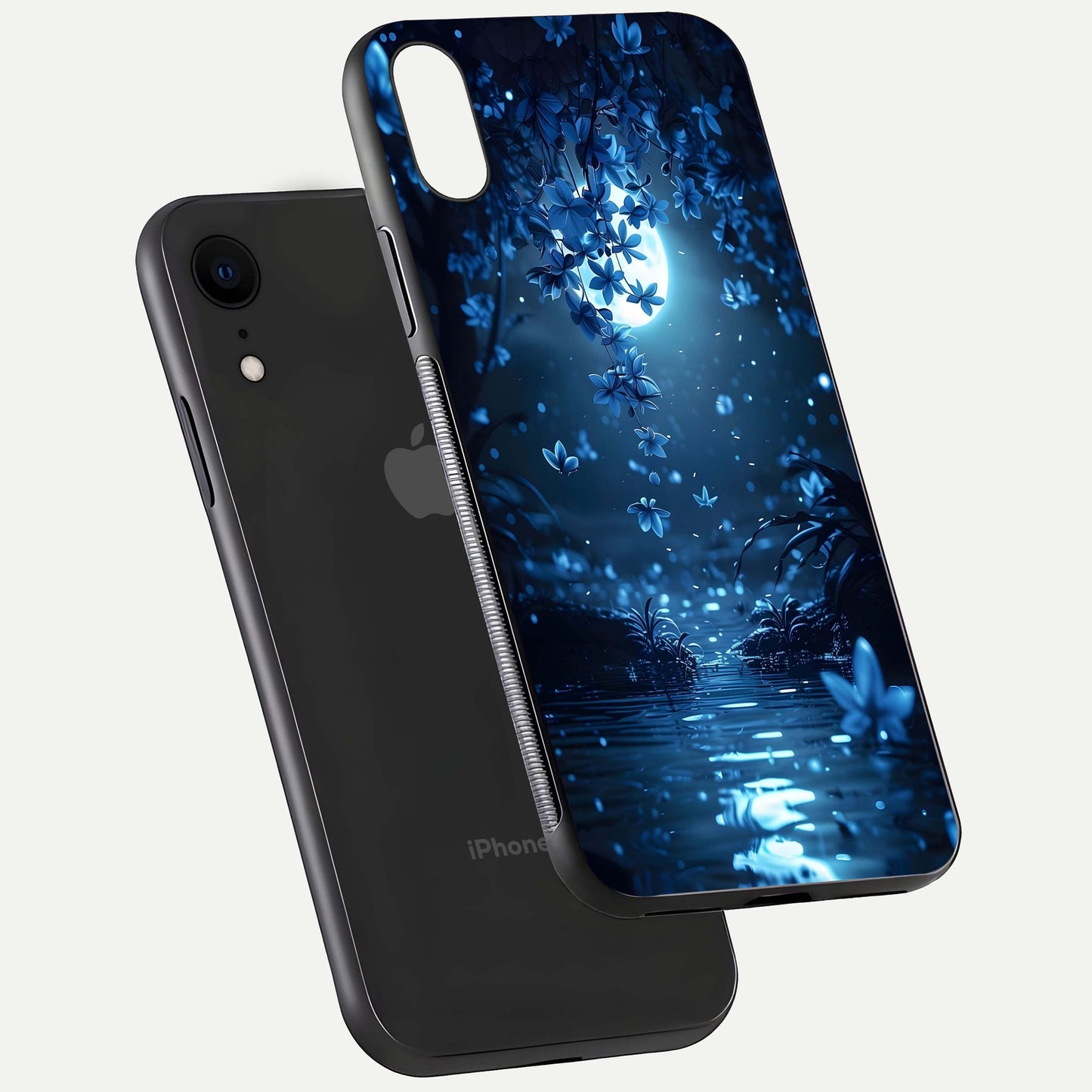 Moonlight Petal Dream Glass Case for iPhone Xr floating dual-view mockup showing HD gloss and dreamy art