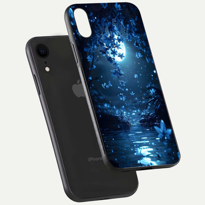 Moonlight Petal Dream Glass Case for iPhone Xr floating dual-view mockup showing HD gloss and dreamy art