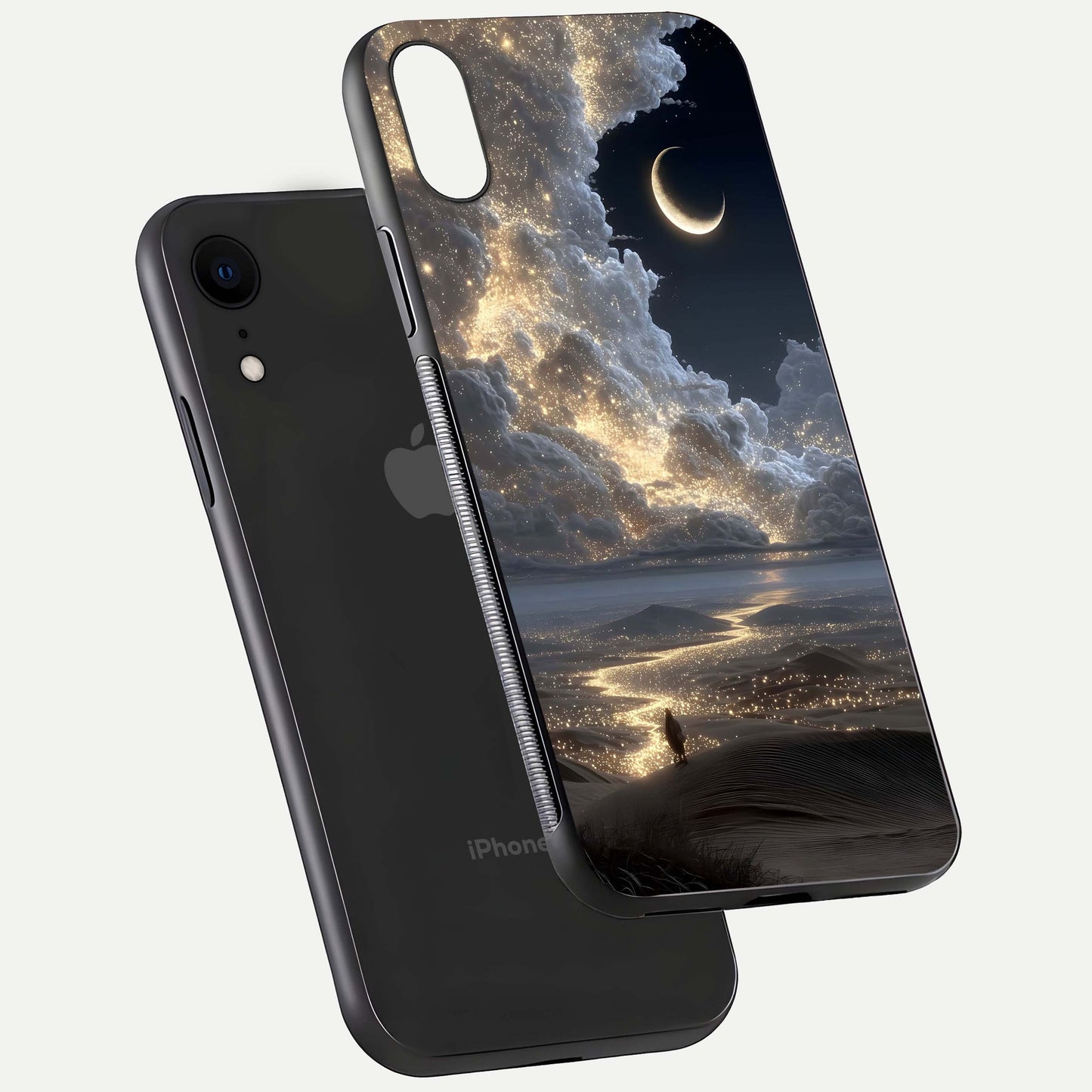 Moonlight Spark Path Glass Case for iPhone Xr floating dual-view mockup showing gloss finish and shine depth