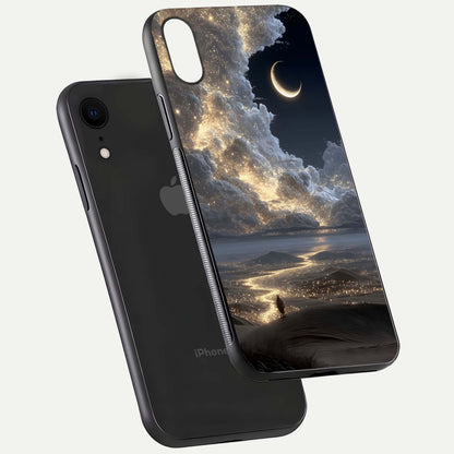 Moonlight Spark Path Glass Case for iPhone Xr floating dual-view mockup showing gloss finish and shine depth