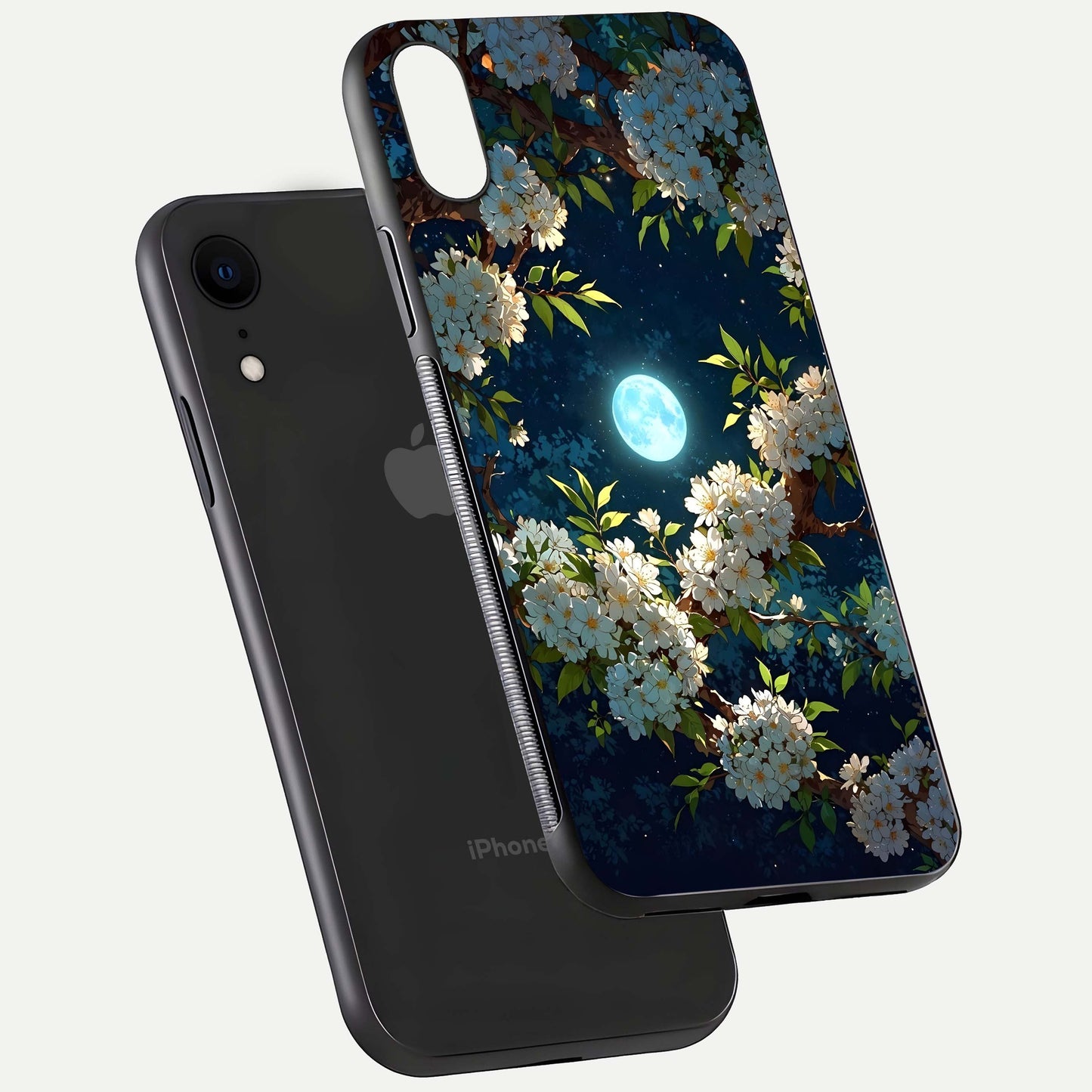Moonlit Blossom Dream Glass Case for iPhone Xr floating dual-view mockup showing gloss texture and floral tone