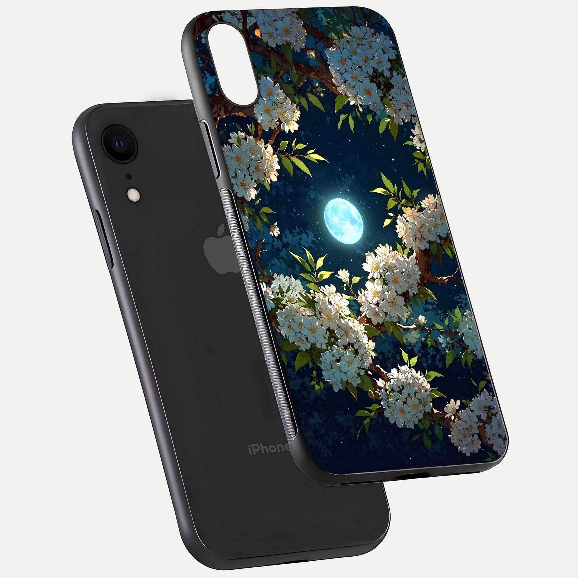 Moonlit Blossom Dream Glass Case for iPhone Xr floating dual-view mockup showing gloss texture and floral tone