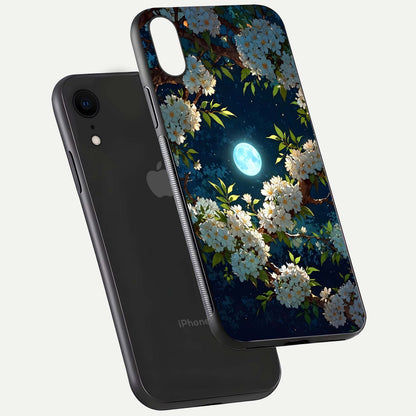 Moonlit Blossom Dream Glass Case for iPhone Xr floating dual-view mockup showing gloss texture and floral tone