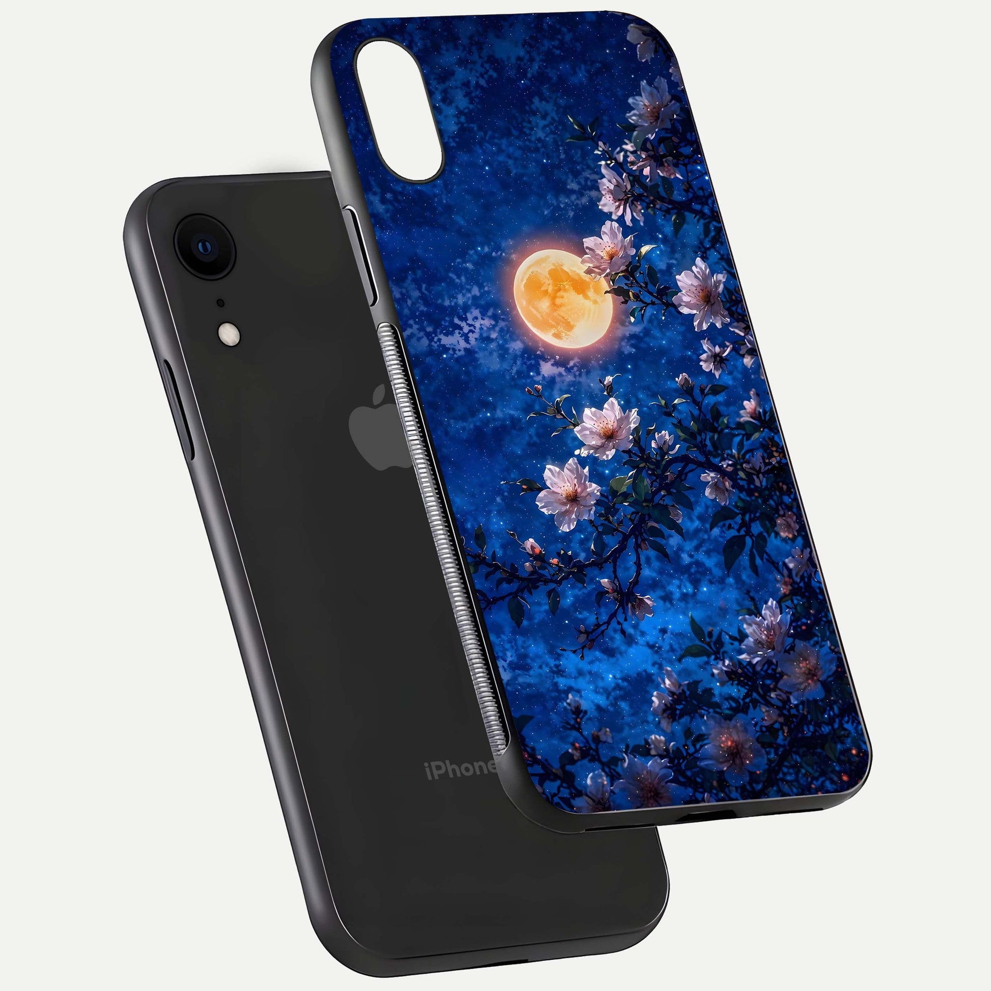 Moonlit Blossoms Night Glass Case for iPhone Xr floating dual-view mockup showing HD gloss and floral contrast