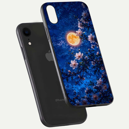 Moonlit Blossoms Night Glass Case for iPhone Xr floating dual-view mockup showing HD gloss and floral contrast