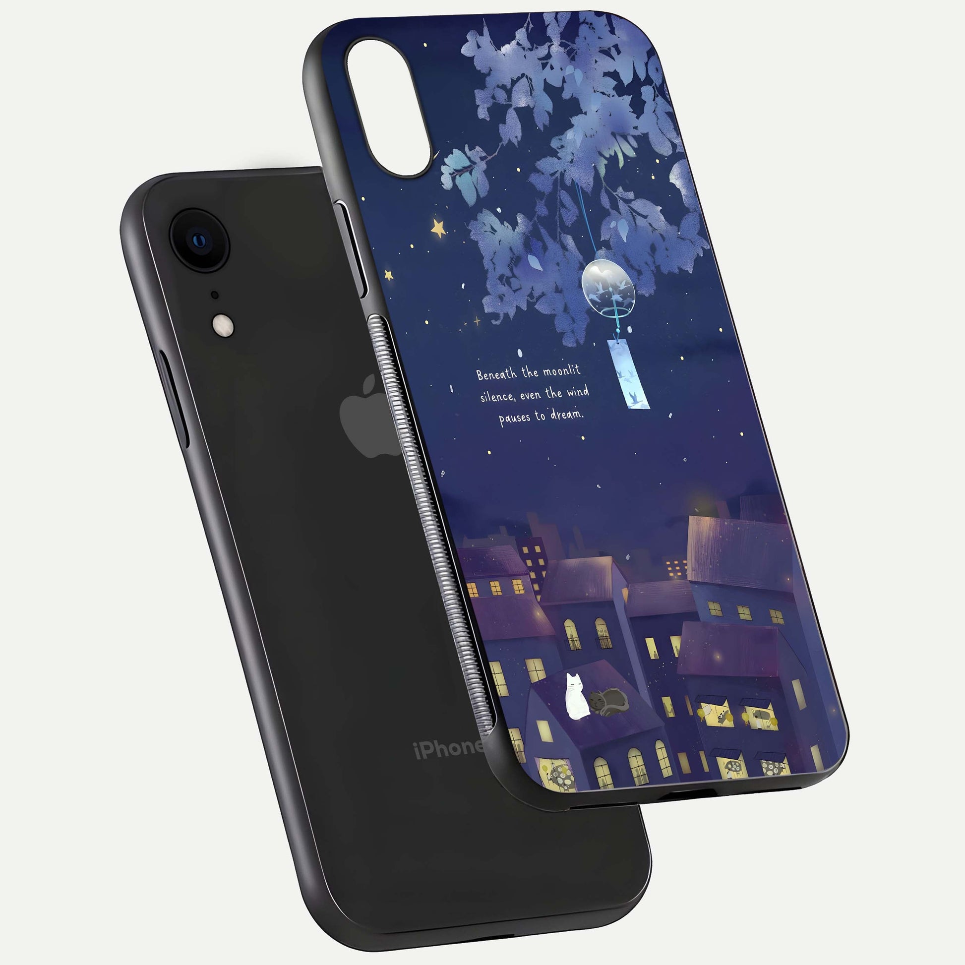 Moonlit Cat Silence Glass Case for iPhone Xr floating dual-view mockup showing gloss reflection and moon art